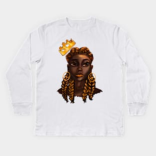 Queen Black is beautiful black woman art with Gold crown, ears and braids, brown eyes and dark brown skin ! Kids Long Sleeve T-Shirt